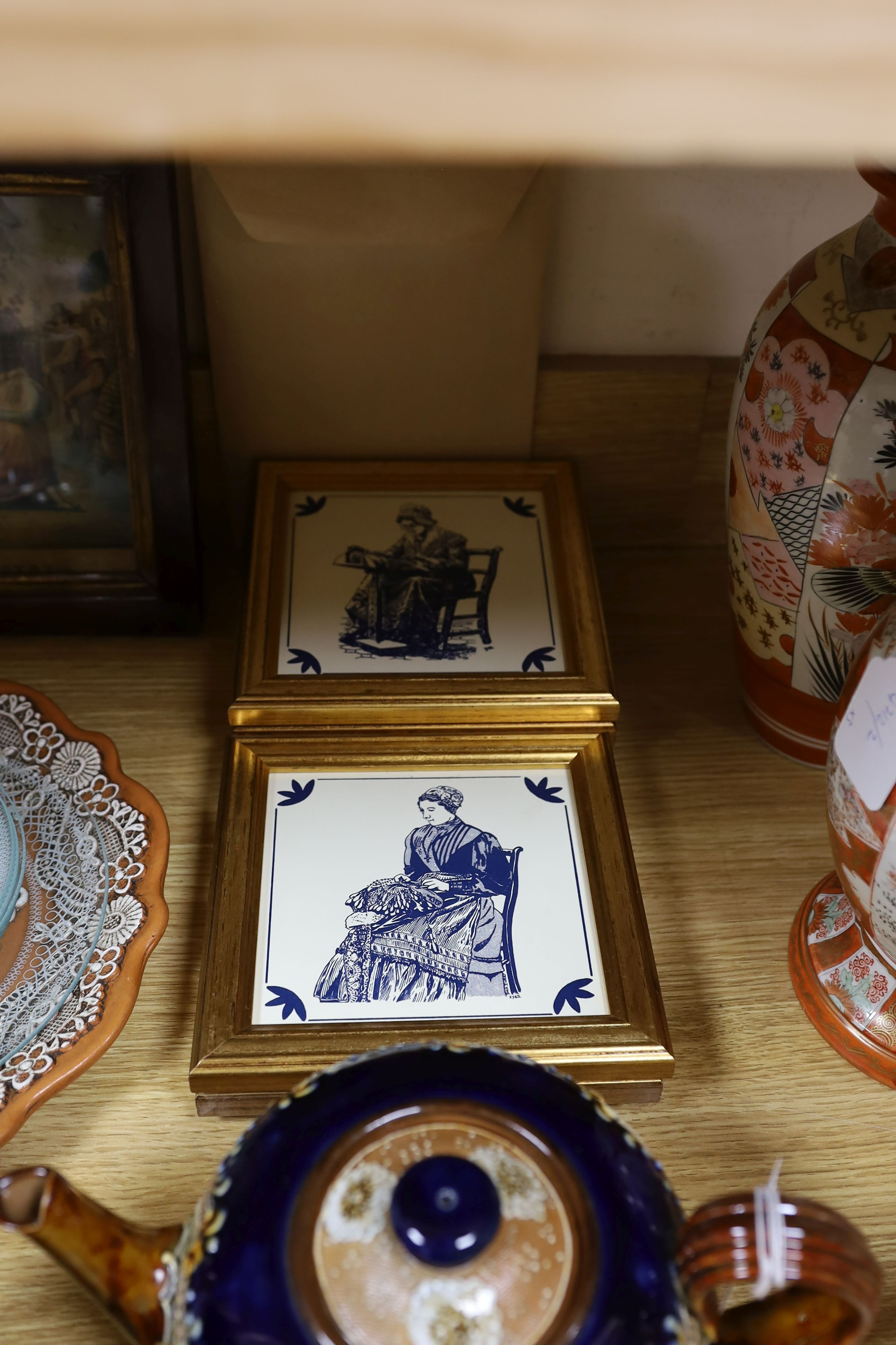 A cold cast bronze, Bobbin lace maker, similar carved wood figure, ceramic lace-pattern dish etc